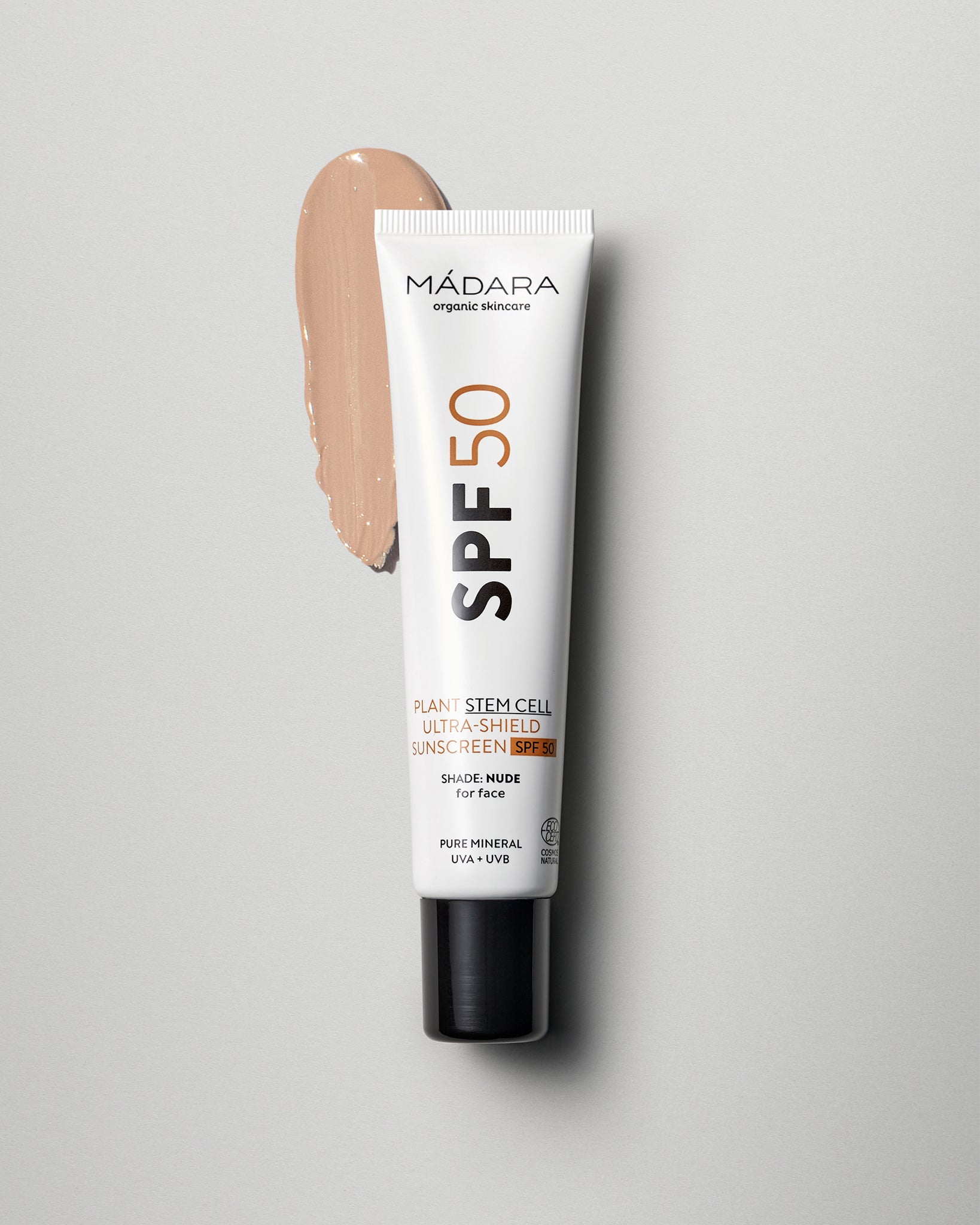 MÁDARA Organic Skincare plant stem cell ultra shield sunscreen A3416 mineral sunscreen product photo on plain background.