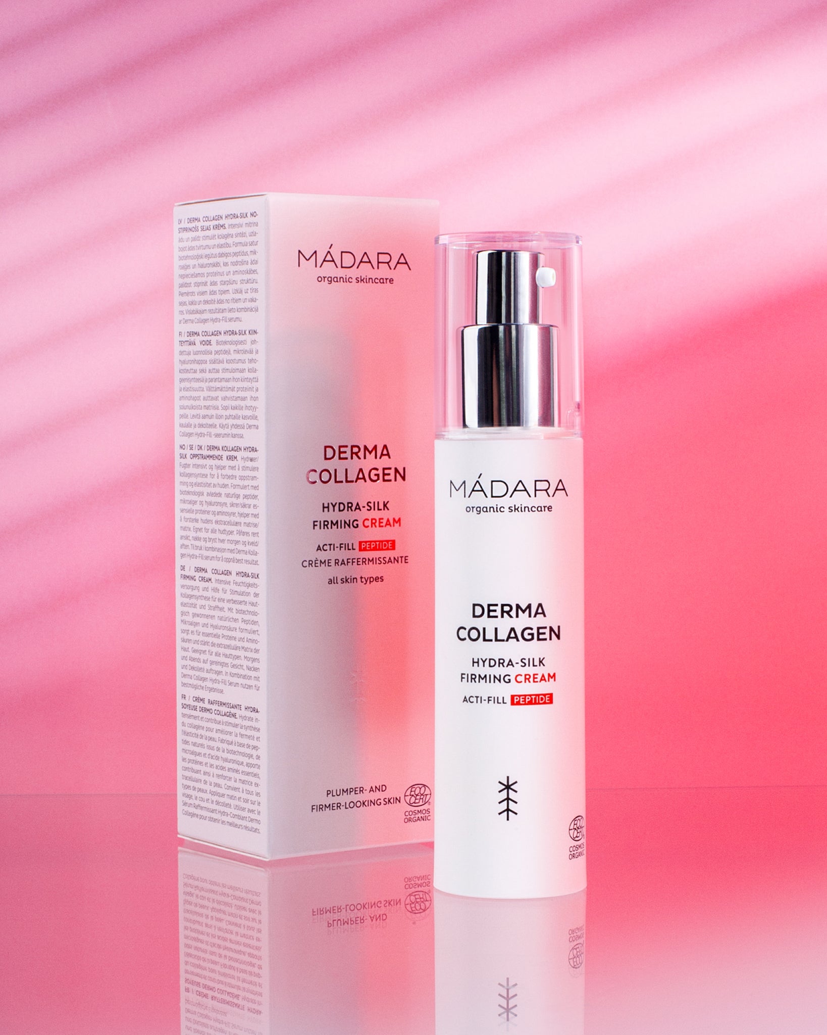 Model wearing MÁDARA Organic Skincare face firming cream A3051 face cream on skin; close-up portrait shows natural application results.