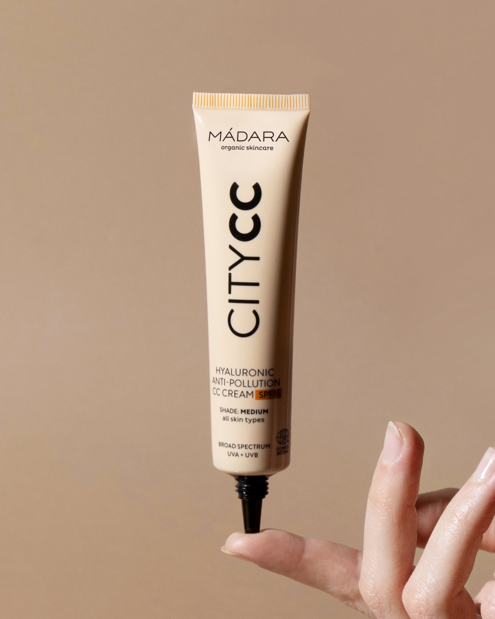 MÁDARA Organic Skincare organic cc cream tan A3413 face cream product photo on plain background.